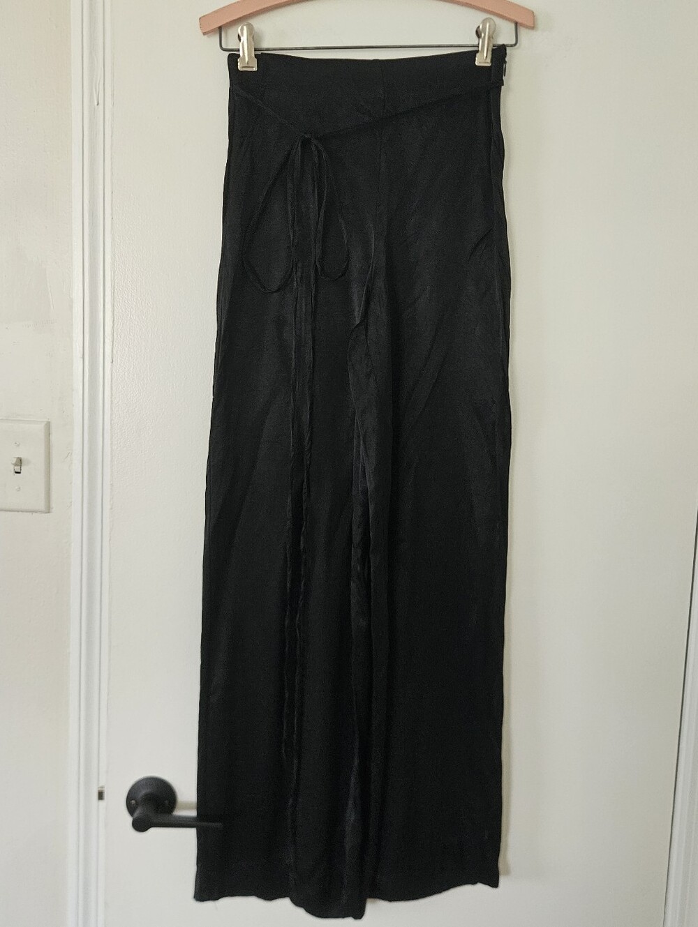 Zara Womens Pants S Wide Leg Satin Event High Rise Tie Belt Elegant Cocktail